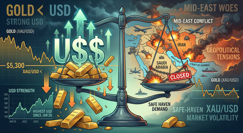 ราคาทองคำร่วงหลุด $5,300 ท่ามกลางดอลลาร์ที่แข็งค่า สวนทางความตึงเครียดในตะวันออกกลาง